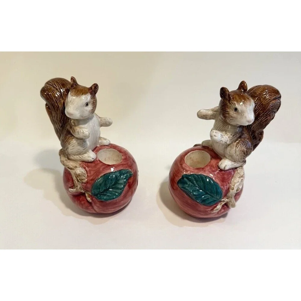 Vintage OCI Omnibus Fits & Floyd Candle Holders Squirrels Set Of 2 Ceramic